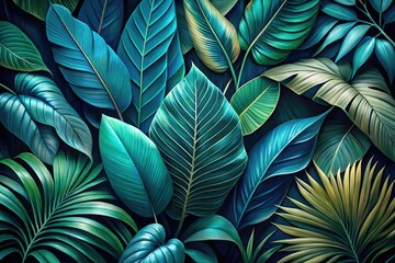 Luxury Botanical Art Background with Tropical Leaves in Blue and Green Tones for Interior Design and Wallpaper