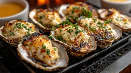 Close-up of eight baked oysters on a black grill, topped with cheese and herbs.