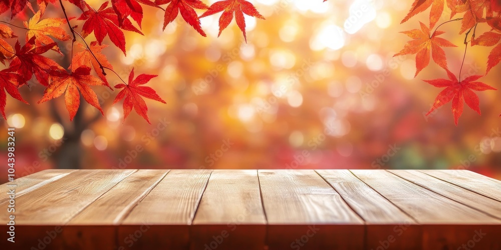 Poster this empty wooden table is perfect for showcasing your products. the blurred autumn background with 