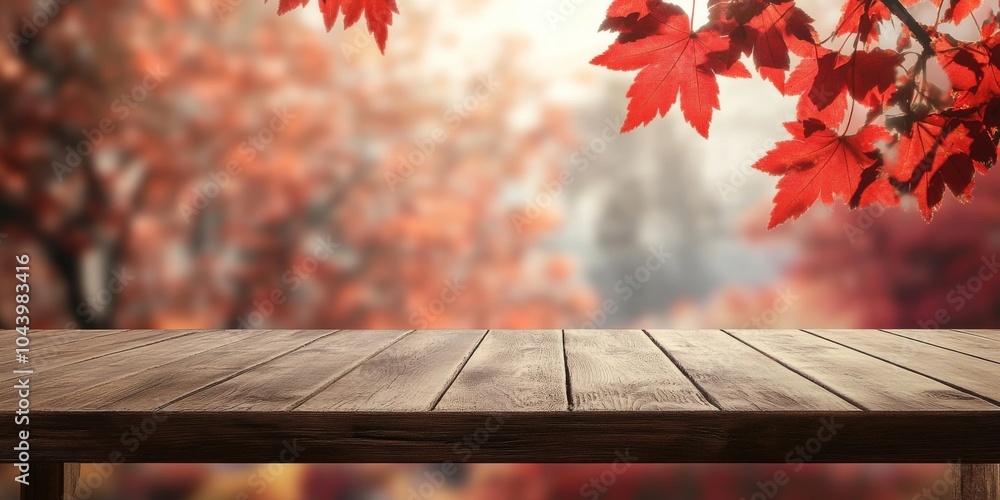 Poster this empty wooden table is perfect for showcasing your products. the blurred autumn background with 