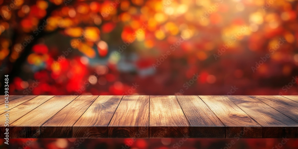 Poster this empty wooden table is perfect for showcasing your products. the blurred autumn background with 