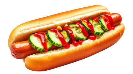 very yummy and delicious hot dog with bread cucumber, tomato, and ketchup on white background