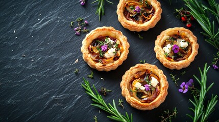 Mini puff pastry tarts with goat cheese and caramelized onions, isolated on a dark granite background, surrounded by edible flowers and rosemary sprigs
