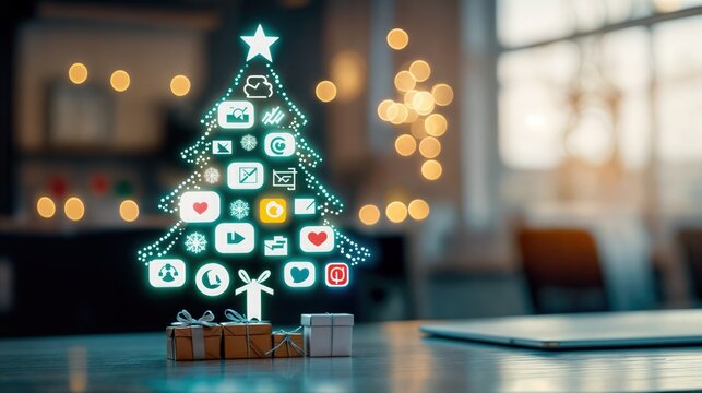 Digital Christmas tree made of social media icons with glowing lights, tech holiday concept on desk with gifts
