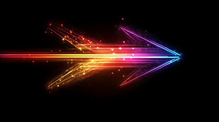 colorful arrow made of glowing light beams, pointing right at the center on a black background he arrow forms an elegant and dynamic shape with a sense of motion and speed