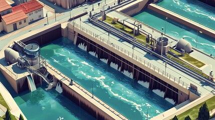 Aerial View of Water Treatment Plant with Concrete Structures and Water Flowing Through Channels.
