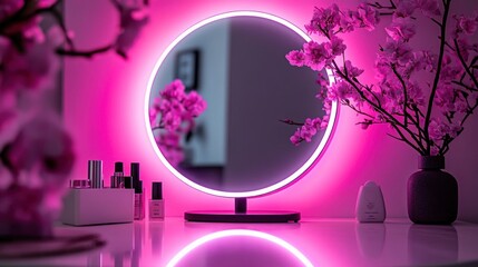 Stylish vanity setup with a glowing mirror and flowers.