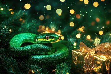Fototapeta premium Green snake next to gifts in gold packaging, symbol of 2025 according to the Chinese calendar