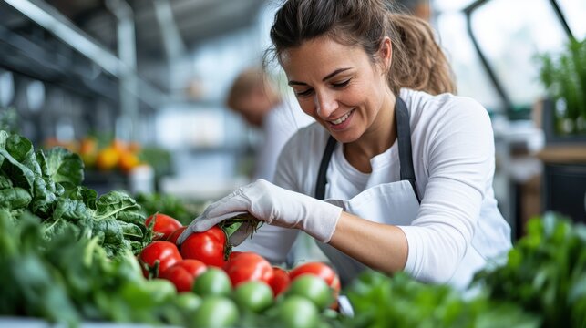 A woman wearing an apron and gloves is arranging fresh tomatoes and other vegetables at a local market stand, surrounded by a vibrant array of greens and produce. - Powered by Adobe