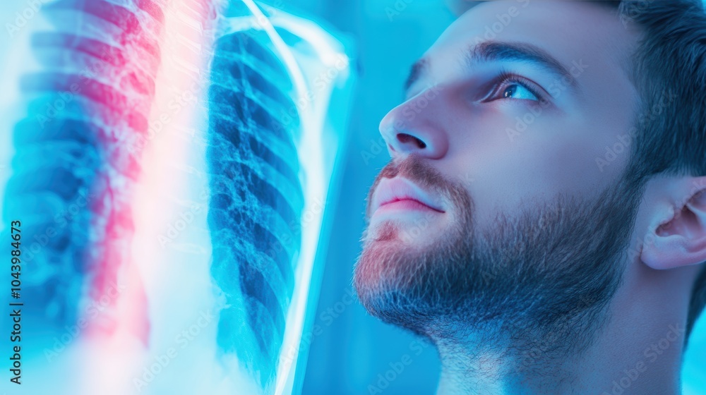 Poster a doctor examining an x ray image, searching for the root cause of a medical problem and developing 