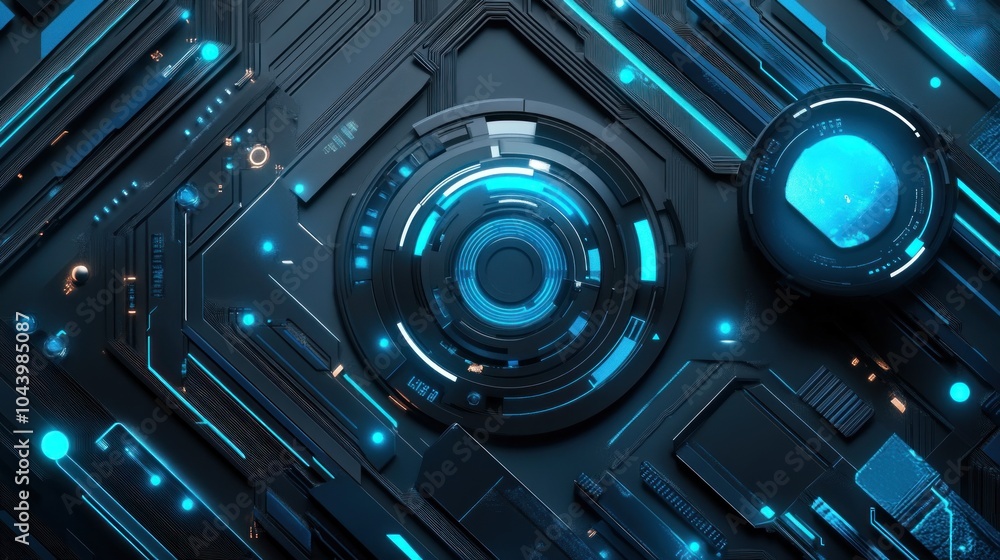 Poster abstract digital circuit design with glowing elements in blue and black tones.