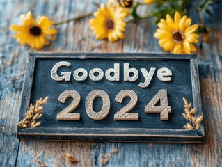 Farewell to Goodbye 2024 on chalkboard with rustic flower accents