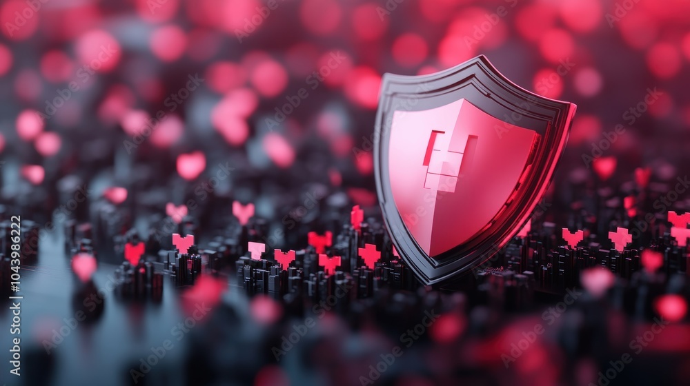 Poster a metaphorical image depicting a strong, impenetrable shield protecting a network from various cyber