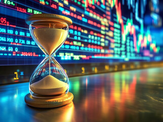A golden hourglass with sand spilling onto the surface sits in front of a brightly lit financial stock market display.