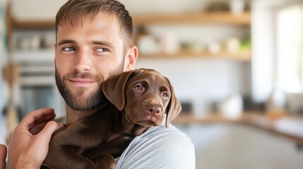 A young man, wearing a light shirt, glances sideways holding a small brown puppy on his shoulder, depicting serenity indoors with a soft focus background.