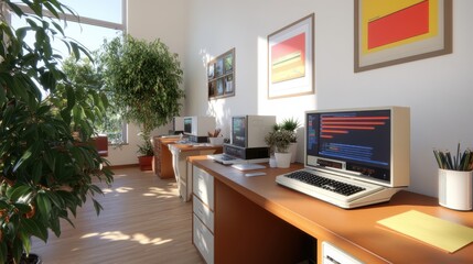 A retro-designed office space filled with vintage computers and abundant greenery, creating a nostalgic and refreshing work environment setting.