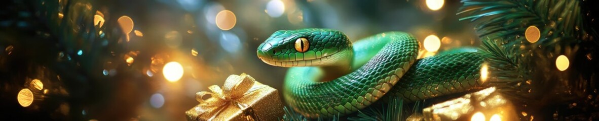Obraz premium banner Green snake next to gifts in gold packaging, symbol of 2025 according to the Chinese calendar