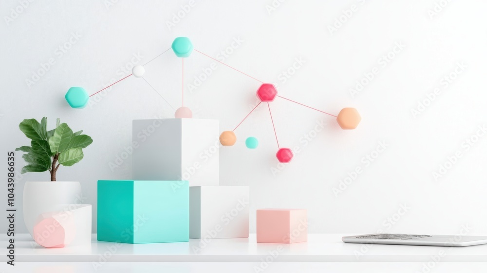 Poster a graphic illustration depicting a network diagram with various enterprise solutions integrated, sho