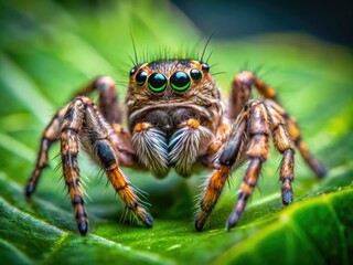 Macro Drone Photography of a Jumping Spider on a Green Leaf in Nature's Detail