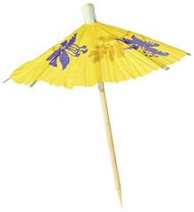 Yellow cocktail umbrella isolated, perfect for summer and tropical-themed designs.