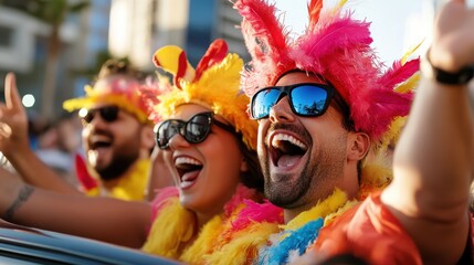 A lively festival scene with individuals dressed in brightly colored feathered costumes, exuding high spirits and joyfulness, surrounded by an atmosphere of celebration.
