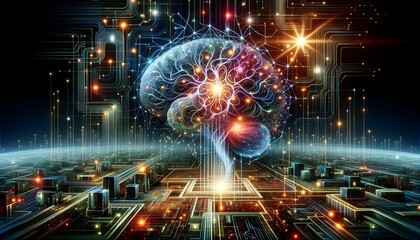 Abstract Depiction of Human Mind Merging with Technology, Neural Pathways and AI Circuits Intertwined in Surreal AI-Human Integration