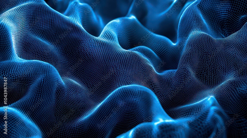 Poster abstract blue and black wavy grid pattern.
