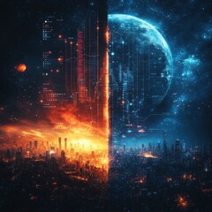Fototapeta premium A stunning split-scene depicting a futuristic city engulfed in flames and a serene moonlit landscape.