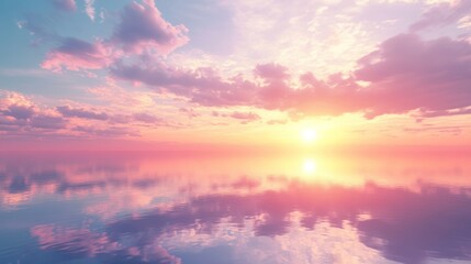 Obraz premium A serene sunset over a calm body of water, with a reflection of the sun and clouds in the water.