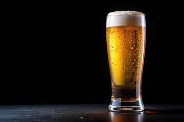 Cold beer glass with water drops isolated on black background
