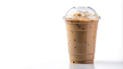 Cold ice cappuccino in plastic cup on white background