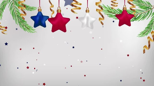 Silver background Snow template Winter scene Christmas background Copy space Snowfall Xmas ornaments New year animation Gold serpentine Falling stars New year tree brunch