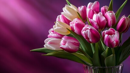 Obraz premium A bouquet of pink and white tulips in a glass vase on a purple background.