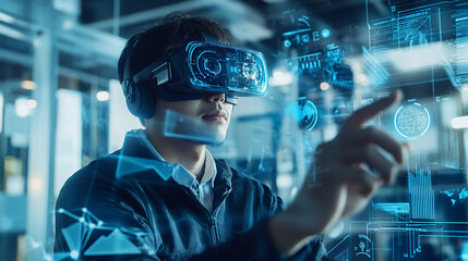 A man wearing a VR headset interacts with digital data, seemingly in a modern office space
