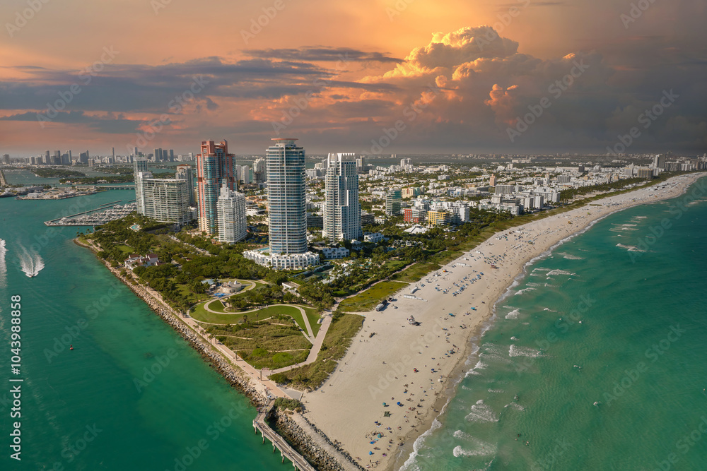 Poster USA travel destination. South Beach high luxurious hotels and apartment buildings. American southern seashore of Miami Beach city. Tourist infrastructure in Florida