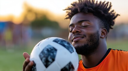 A male soccer player wearing an orange jersey holds a soccer ball close, appearing content and at peace, captured during a game on a sunny day, exuding calmness.