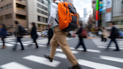 Fototapeta premium A distinct orange backpack stands out as pedestrians, blurred in motion, cross a bustling city street lined with buildings and classic urban vibrancy on a brisk day.
