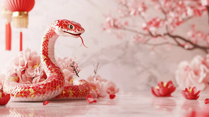 Obraz premium chinese lunar new year with lantern and traditional lion dance background, year of the snake festival celebration background