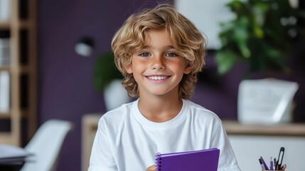 A cheerful young boy with curly hair smiling while holding a purple notebook indoors, with a blurred plant in the background, creating a warm, inviting atmosphere.