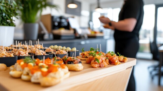 Naklejki A selection of appealing finger foods is presented on a wooden board in a sleek kitchen environment, featuring salmon-topped bites and other gourmet delights.