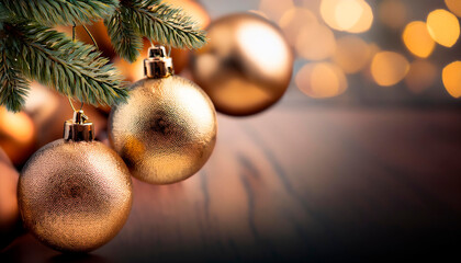 Abstract scene of golden Christmas ornaments hanging from fir branches, with a blurred bokeh effect and empty space on the side