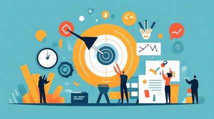Obraz premium A vibrant workspace illustration featuring a target schedule, charts,