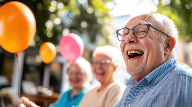 A group of three elderly individuals, filled with happiness, enjoy an outdoor gathering together, brightly holding an array of colorful balloons, reflecting friendship and joy.