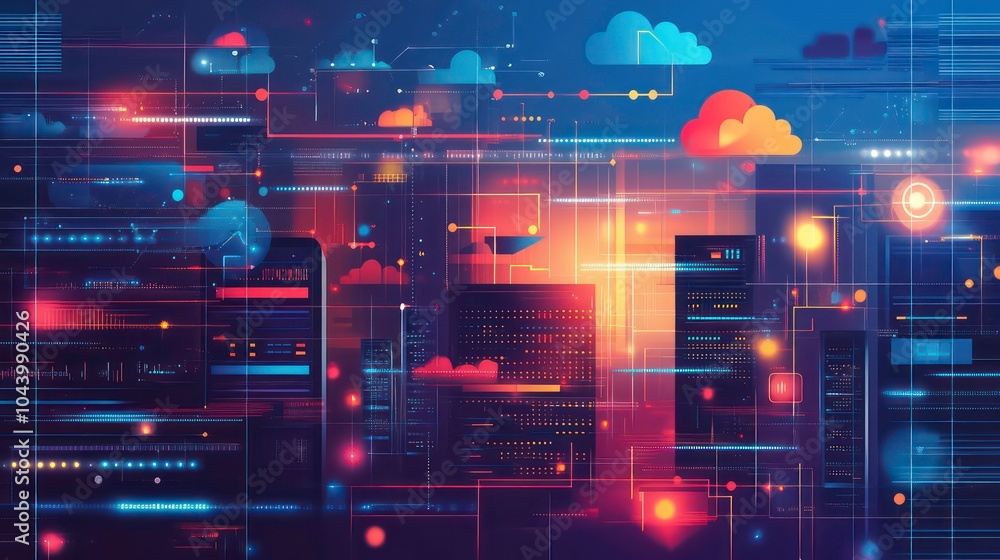 Aufkleber Abstract illustration of a data center with servers, clouds, and connections, representing digital infrastructure and the flow of information.