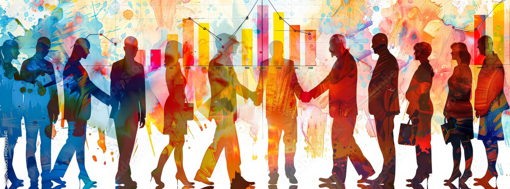 Poster group of people are standing in a line, some of them shaking hands. concept of unity and collaborati