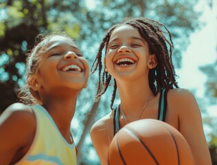 Two young girls playing basketball on the court laughing and having fun together The concept of sports for youth in summer Smiling teenage friends doing sport outside at a park or school playground