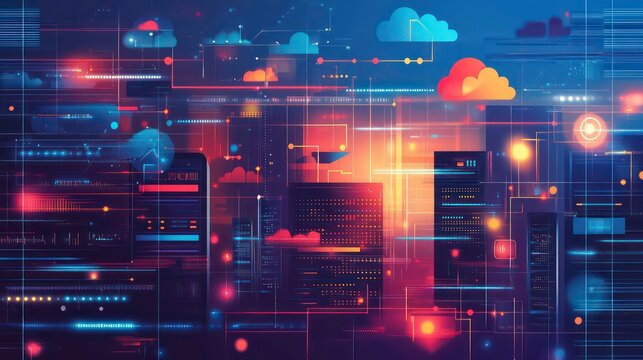 Abstract illustration of a data center with servers, clouds, and connections, representing digital infrastructure and the flow of information.