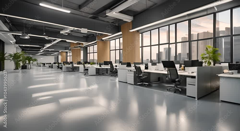 Poster modern office space with rows of desks and computers 4k