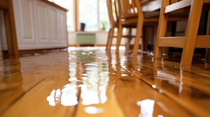 The image showcases a kitchen with a wooden floor submerged in water. The scene emphasizes the risks and impact of water damage in home environments.
