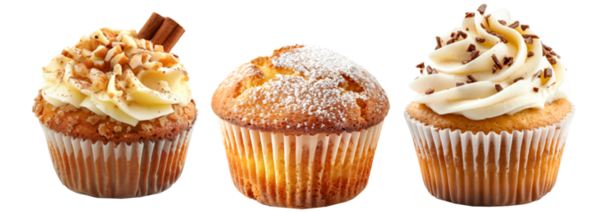 Various types of seed muffin dusting of powdered sugar isolated on white transparent background.